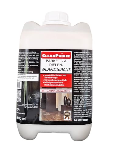 CleanPrince 5 Liter | Parkett und Dielen Glanzwachs | Versiegelungsdispersion und Wischpflege bildet Hochglanz-Schutzfilm |