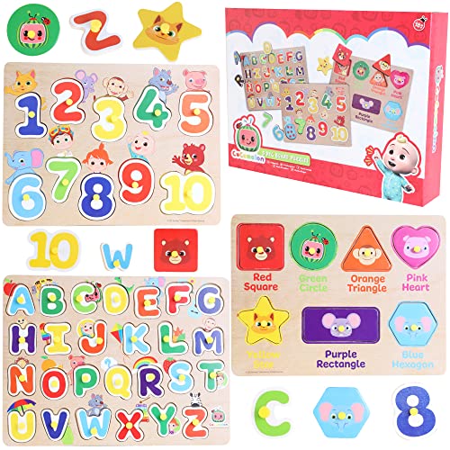Toyland® Cocomelon 3er-Pack Puzzles aus Holz mit Steckbrettern – Lernpuzzles für Kinder – Spielzeug für Kleinkinder – Alter ab 18 Monaten