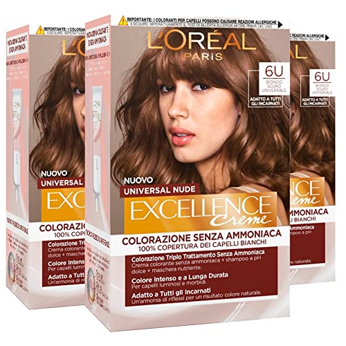 3 x L'Oréal Paris Excellence Creme Universal Nude Permanente Färbung Dunkelblond 6U Dreifachbehandlung - 3 Farben