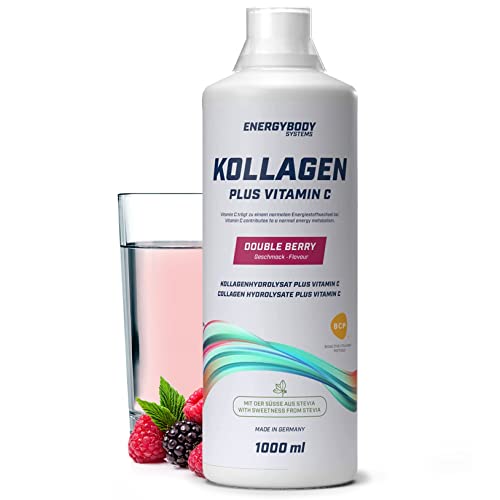 Energybody Kollagen Liquid Plus Vitamin C „Double Berry“ / 1000 ml / Liquid Collagen zum Trinken / Flüssiges Kollagen-Hydrolysat / Collagen Protein / Premium Kollagen Komplex / 40 Portionen