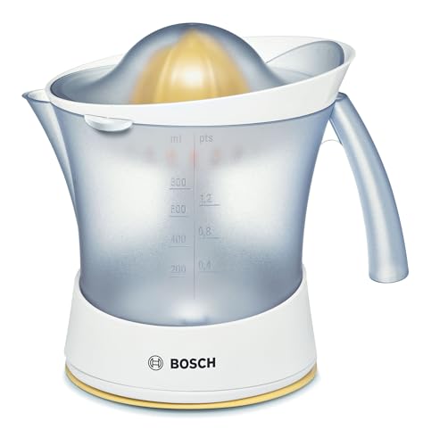 Bosch MCP3500N Zitruspresse (25 W, hohe Saftausbeute, abnehmbarer Saftbehälter 0,8 l, Fruchtfleisch-Regulierung) weiß/sommergelb