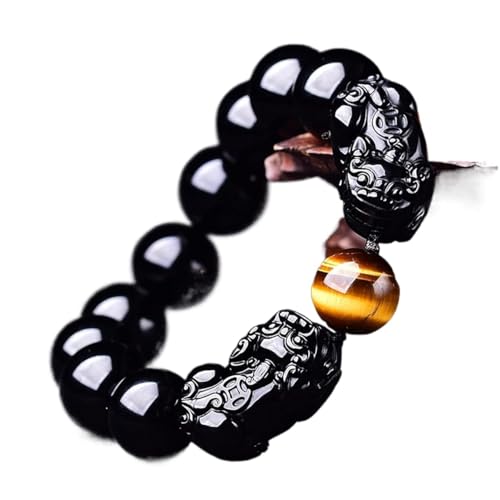 Armband, Geschenke für ihn, Doppeltes Piyao-Armband mit runden Perlen, natürliches schwarzes Obsidian-Tigerauge-Armband, verstellbar, zur Abwehr böser Geister, for Damen und Herren, 16 mm ( Color : Bl