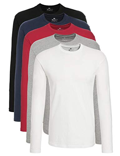 Lower East Herren Langarm-Shirt mit Rundhalsausschnitt aus 100% Baumwolle, Schwarz/ Dunkelblau/ Rot/ Hellgrau Melange/ Weiß (5er Pack), M