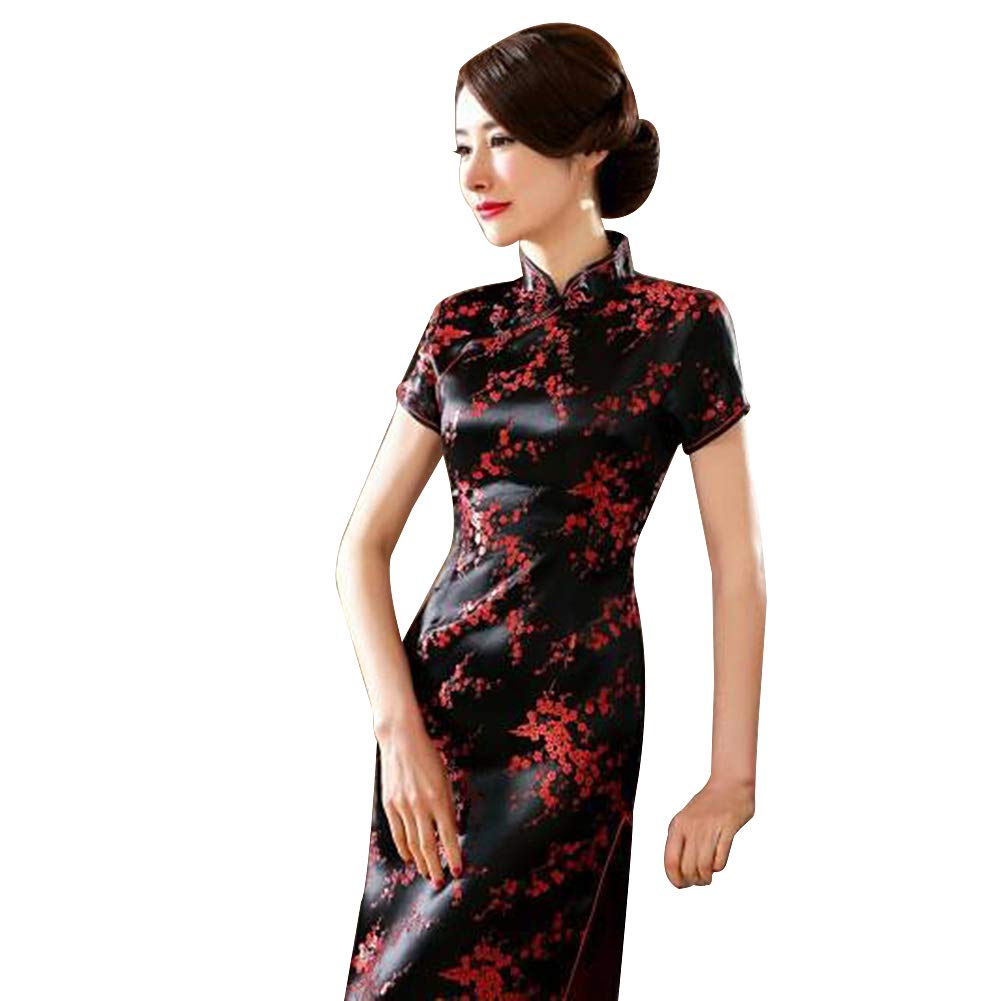 Kalaokei Cheongsam-Kleid, traditionelles Pflaumenblüten-Design, für Damen, chinesisches langes Cheongsam-Abendkleid, Schwarz/Rot, XXL