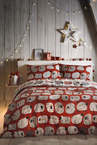Fusion Dotty Sheep Christmas Bettbezug-Set mit weihnachtlichem Schaf, pflegeleicht, Polybaumwolle, rot, Super King