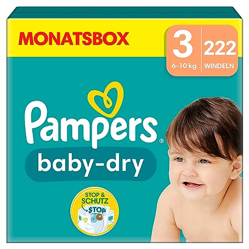 Pampers Windeln Größe 3 (6-10kg) Baby-Dry, Midi, MONATSBOX, bis zu 12 Stunden Rundum-Auslaufschutz, 222 Stück