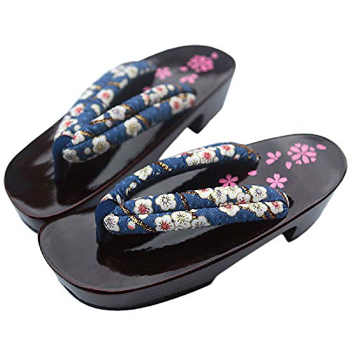 G-LIKE Damen Sandalen Pantoffel Sommerschuhe - Traditionelle Japanische Holzschuhe Geta Kimono Kirschblüte Sakura Musterdruck rutschfest Poliert Flip-Flops Cosplay Clogs (36-37 EU, Blau Sakura)
