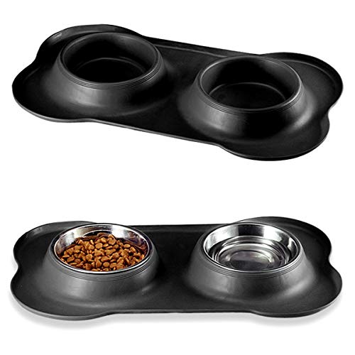 Nicoone Doppel- Hundenäpfe Tiernahrungsschale aus Edelstahl mit Rutschfester Silikonmatte für Katzenhunde- Schwarz