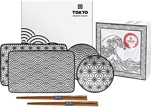 TOKYO design studio Nippon Black Sushi-Set schwarz-weiß, 6-TLG, 2X Sushi-Platten 2X Saucen-Schalen, 2X Essstäbchen, asiatisches Porzellan, Japanisches Design, inkl. Geschenk-Verpackung