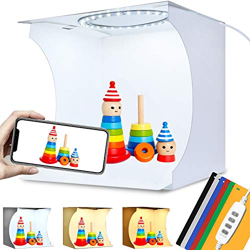 DUCLUS Photobox Lichtzelt 20x20 cm, Faltbare Mini Lichtbox Fotostudio Set mit 64 LED Beleuchtung Weißes/Warmes + 6 Lightbox Fotografie Hintergrund