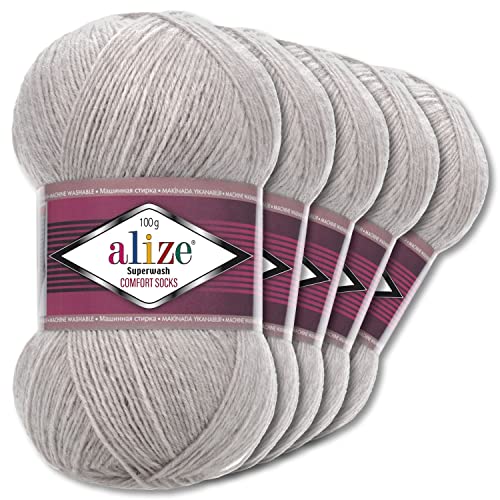 Wohnkult Alize 5x100g Superwash Comfort Sockenwolle 33 Farben zur Auswahl EIN-/Mehrfarbig (21 | Grau Melange)