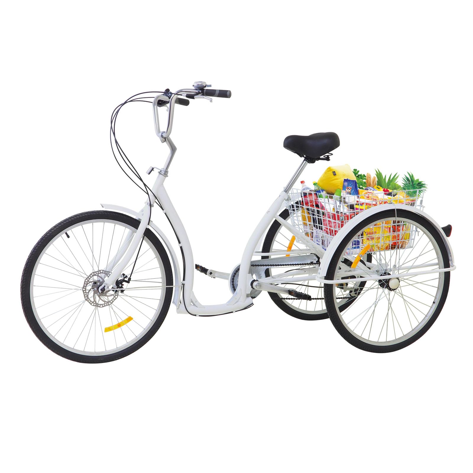 OUKANING 26 Zoll 6-Gang Dreirad mit tiefeinstieg für Erwachsene Senioren 3 Rad Fahrrad Erwachsene Dreirad Tricycle mit Einkaufskorb weiß,Belastung: 120 kg,Sitzhöhe: 84–96 cm