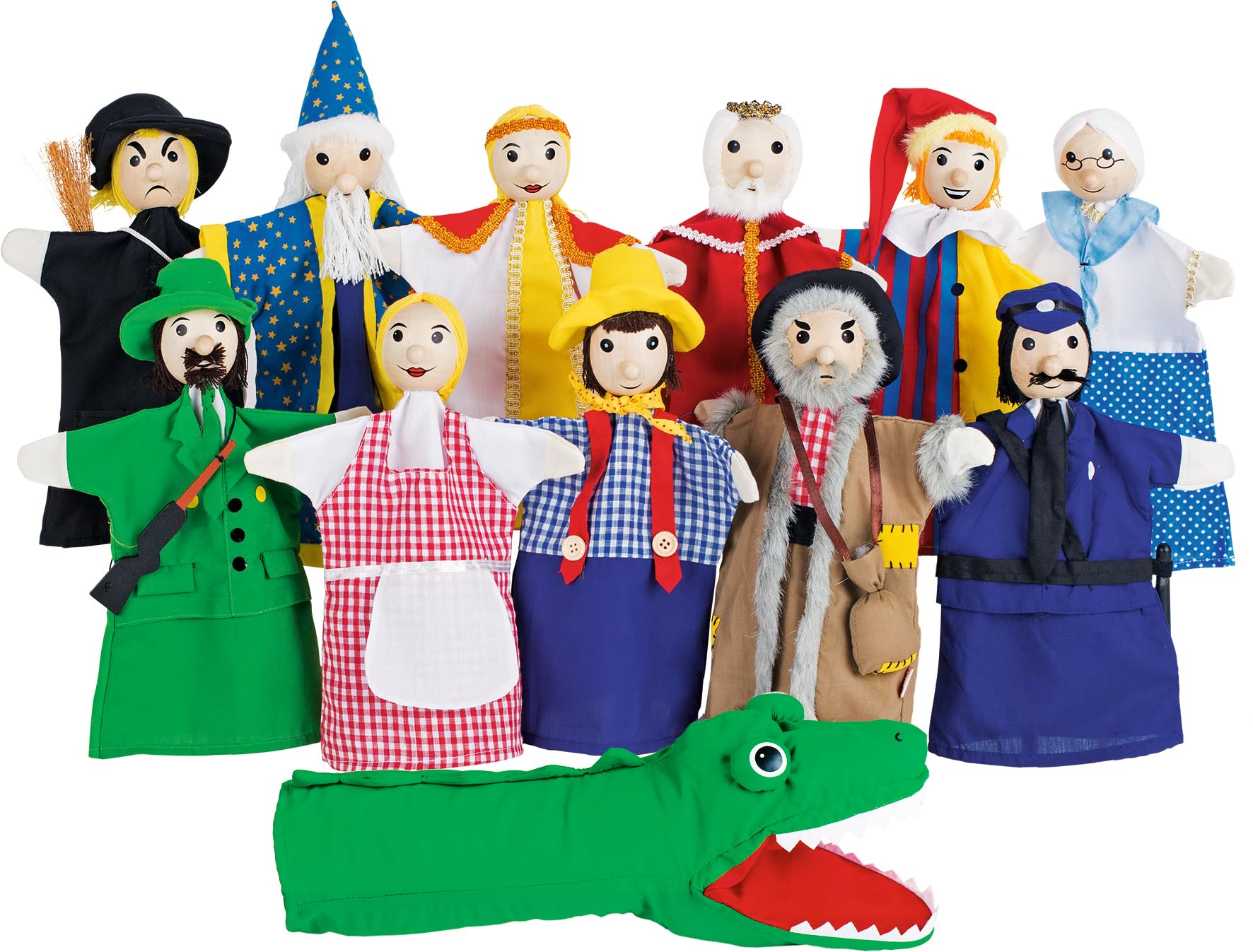 goki SO450 - Handpuppenset - liebevoll gestaltet aus Holz und Stoff - 12 Puppen