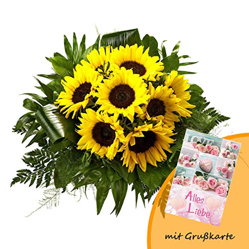 Dominik Blumen und Pflanzen, Blumenstrauß "Flower Power" mit 8 Sonnenblumen und Grußkarte "Alles Liebe"