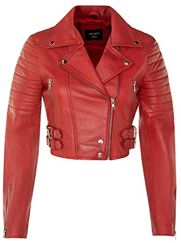 Infinity Leather Damenjacke 100% Echtleder Rot Biker Goth Still Designer Kurzer Ausschnitt