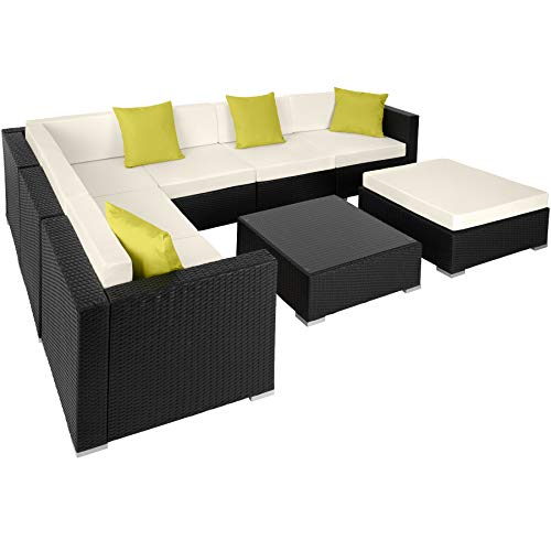 TecTake 800892 Aluminium Polyrattan Lounge Set, Sitzgruppe mit Tisch mit Glasplatte, für Garten und Terrasse, inkl. Kissen und Klemmen (Schwarz | Nr. 403836)