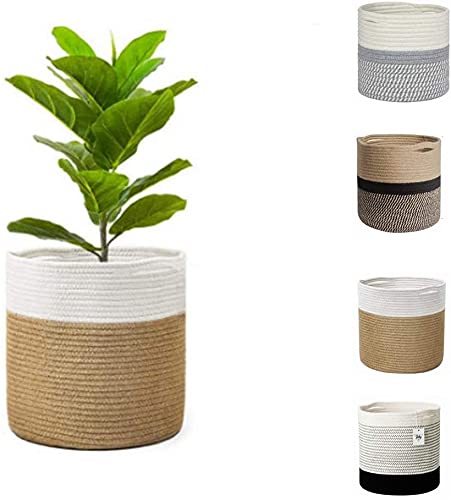 WUHUAROU Blumentopf Baumwollseil Pflanzkorb Pflanzkorb Baumwolle Seil Übertopf Korb Aufbewahrungskorb Organizer für modernes Heimdeko (Beige + Weiß, 25cm)