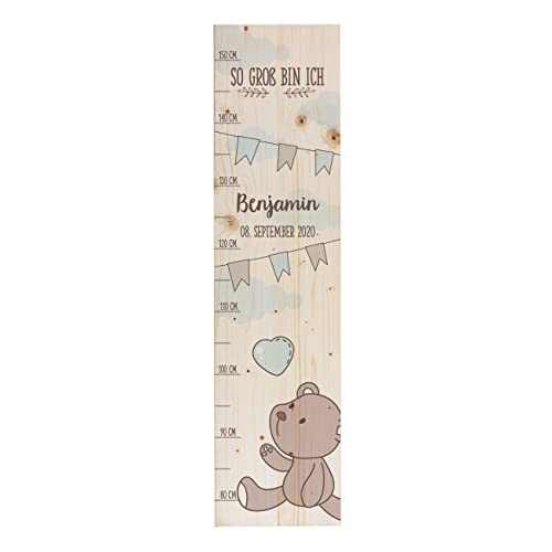 Striefchen® Messlatte für Kinder mit Namen aus Holz für Kinderzimmer mit niedlichen Motiven Messleiste Teddy Blau