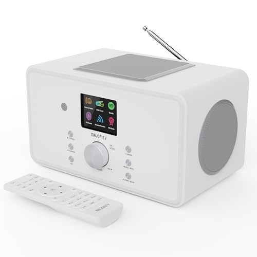 Internet Radio with DAB+ | 100 Watts 2.1 Bluetooth Radio with Spotify Connect, Alarm, 90+ Presets, Built-In Subwoofer and Remote Control | Majority Bard Music System and Digital Radio, White