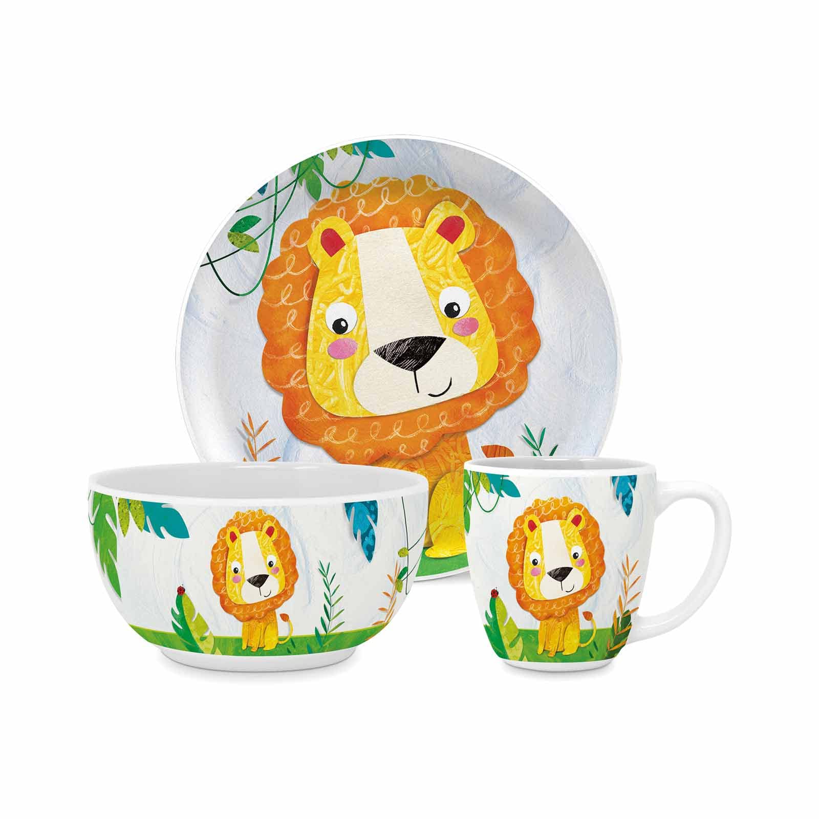 PPD Paperproducts Design Kindergeschirr Set 3-teilig, Teller ø 21 cm / Schüssel ø 12 cm / Tasse 250 ml, Kids-Set aus New Bone China, Motiv: Happy Lion