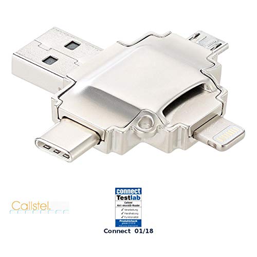 Callstel Kartenlesegerät: microSD-Kartenleser kompatibel zu Lightning-, Micro-USB- & USB-Stecker Typ A & C (Speichererweiterung)