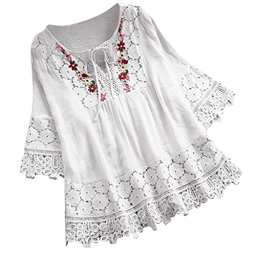 Lazzboy Frauen Weinlese Spitze Patchwork Bogen V-Ausschnitt DREI Viertel Blusen Top T-Shirt Damen Bohemian Stickerei Floral Tunika Shirt Bluse(Weiß,XL)