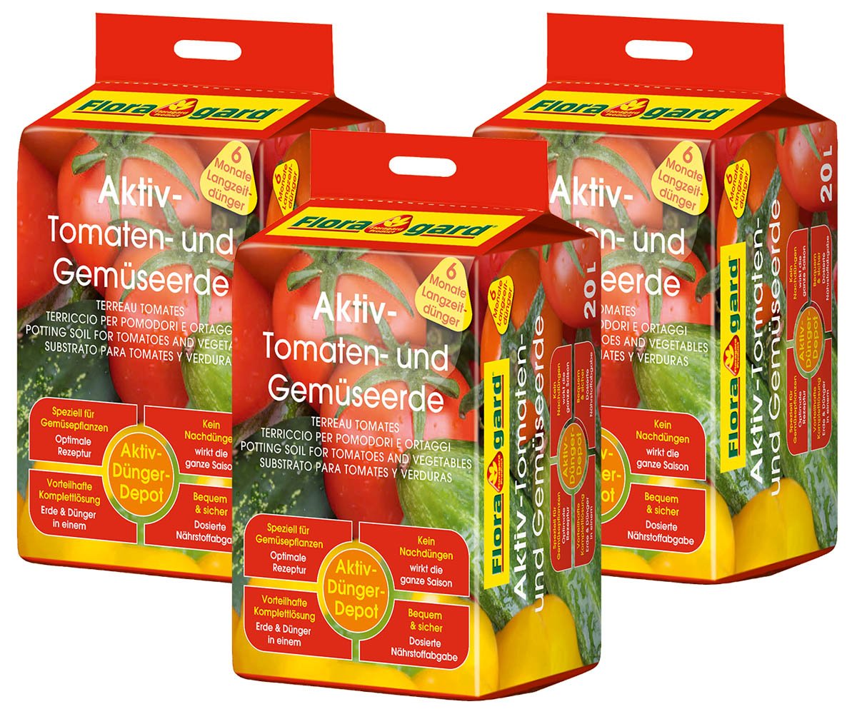 Floragard Aktiv-Tomaten- und Gemüseerde 3x20 L • hochwertige Spezialerde • mit 6-Monate-Langzeitdünger • für Tomaten, Chili, Zucchini, Gurken und anderes Gemüse • 60 L