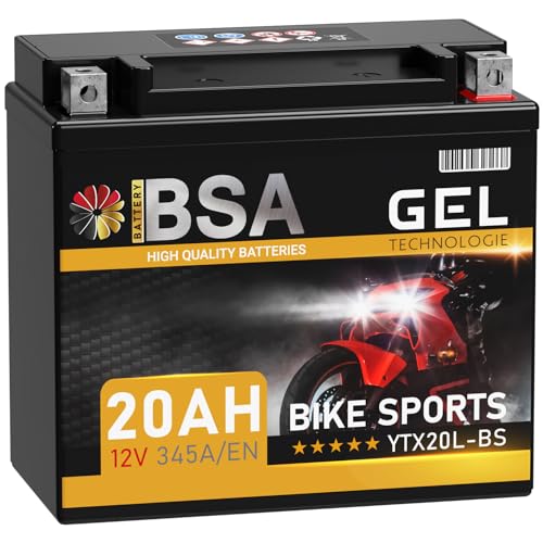 BSA YTX20L-BS GEL Roller Batterie 12V 20Ah 345A/EN Motorradbatterie doppelte Lebensdauer entspricht 51821 GTX20L-BS CTX20L-BS vorgeladen auslaufsicher wartungsfrei