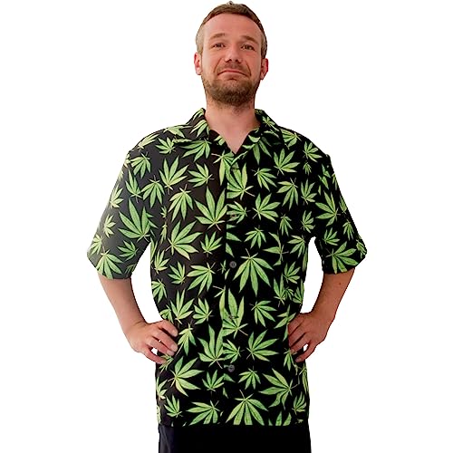 Krause & Sohn Hawaii Hemd schwarz mit Hanfblätter-Motiv grün Mr. Cannabis für Herren Gr. 50-60 JGA Sommerhemd Freizeit Party-Outfit (as3, Numeric, Numeric_54, Numeric_56, Regular, Regular)