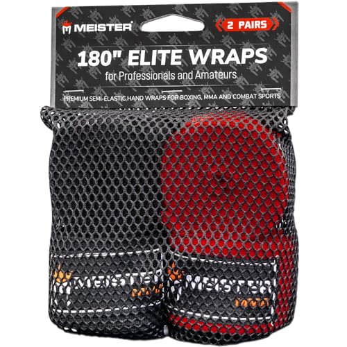 Meister Elite Premium Handbandagen für Erwachsene, 457,2 cm, für MMA und Boxen, 2 Paar mit Netztasche, Schwarz/Blutrot