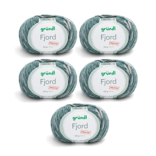 Gründl Wolle Fjord (52 % Schurwolle Merino superwash, 48 % Microfaser, 5 x 100 g/125 m, Nadelstärke: 5 mm – 6 mm), hellgrau-flaschengrün