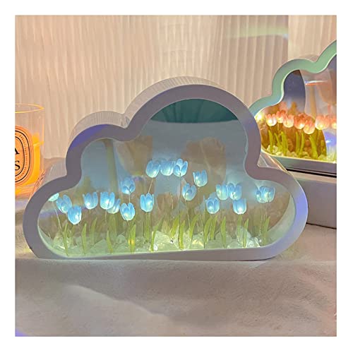 Tulpen Lampe, Wolken Tulpenlampe mit Spiegel, Tulpen Nachtlicht, LED Wolken Tulpen Spiegel Nachtlicht, DIY Simulationsblume Atmosphärenlicht für Schlafzimmer Schlaftisch Wohnzimmer Deko (Blau)