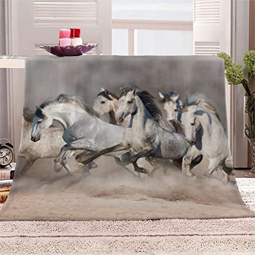 WALLDOR 3D Weißes Pferd Kuscheldecke Kinder 130x150 cm Waschbar Microfaser Flanell Decke mit Muster Tier Wohndecke Weiche Warme Fleecedecke Sommer Sofadecke Couchdecke