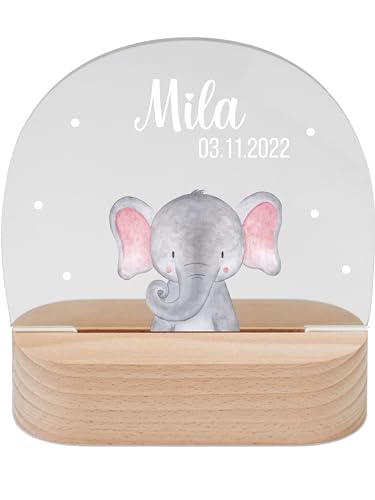 wunderwunsch - Personalisiertes Nachtlicht für Babys - Individuelle Nachttischlampe für Kinder - Personalisierte Geschenke Kinder - Babygeschenk - Geschenk zur Geburt (Elefant)