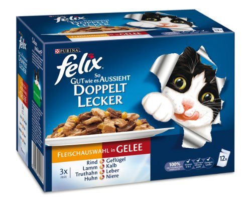 Felix So gut wie es aussieht Doppelt lecker Fleisch Mix12x100g Katzenfutter von Purina, 3er Pack (3 x 1,2 kg)
