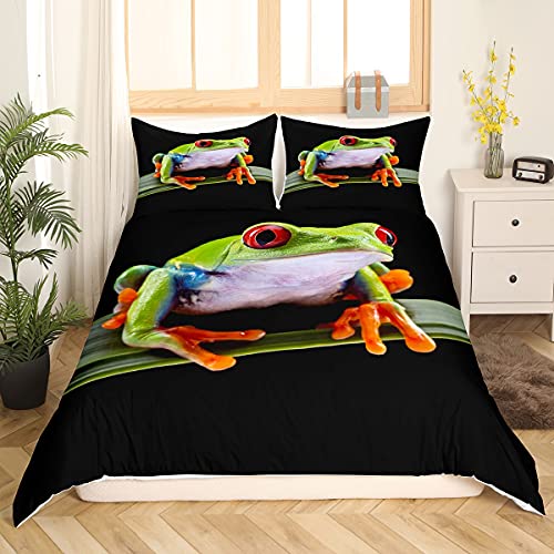 Homewish Frosch Bettwäsche Set Tropical Amphibian Tröster Cover 3D Tier Frosch Print Bettbezug Für Teenager Jungen Kinder Tropical Regen Wald Thema Tagesdecke Dekor 2 Stück Bettwäsche Set, 135x200