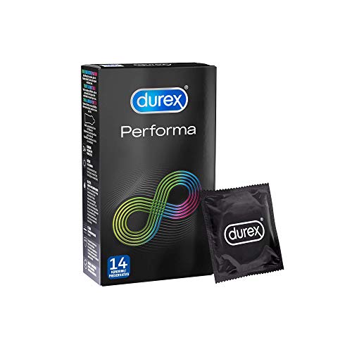 Durex Performa Kondome – transparent und befeuchtet Kondome mit 5 % benzocainhaltigem Gel, angenehmer Geruch – Perfekter Sitz & leichtes Abrollen – 14er Pack (1 x 14 Stück)