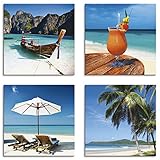 ARTLAND Strandbilder Leinwandbilder Set 4 tlg. je 20x20 cm Quadratisch Wandbilder Landschaft Thailand Strand Maya Bay Frucht Cocktail S6PH
