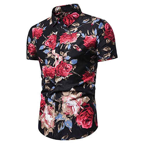 SHOUJIQQ Herren-Hawaii Hemd Aloha Hemden-Sommer-Mode Rose Blumen Druck Lässiges Strand-Kurzarm-Hemd Mit Knöpfen Für Urlaub Outdoor-Kleidung, Schwarz, X, Groß