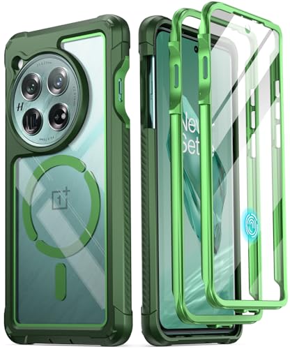 Poetic Guardian Hülle Kompatibel mit OnePlus 12 5G (2024), integrierter Displayschutz, funktioniert mit Fingerabdruck-ID, Stoßfeste, Robuste, Transparente, Ganzkörper-Hybrid-Schutzhülle, Grün/Klar