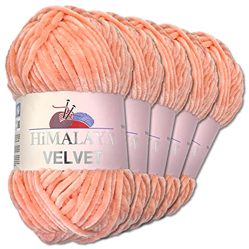 Wohnkult Himalaya 5 x 100 g Velvet Dolphin Wolle 40 Farben zur Auswahl Chenille Strickgarn Glanz Flauschgarn Accessoire Kleidung (90023 | Pfirsich)