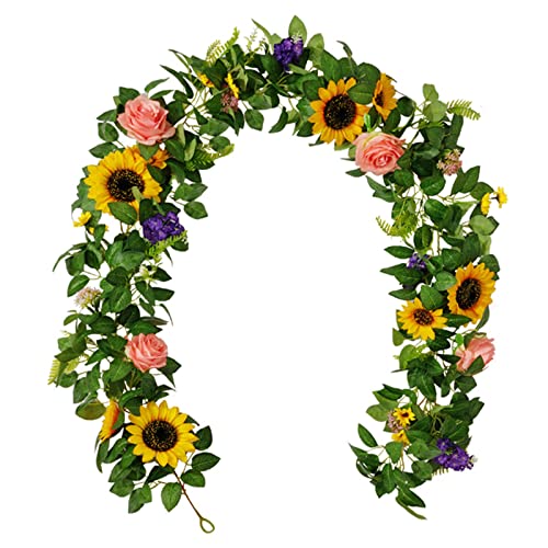 HLTER Künstliche Sonnenblumen-Girlande, 180 cm, künstliche Blumen, hängende Blumengirlande mit grünen Blättern, Kunstpflanzen, Rebe, Hängezubehör für Dekoration