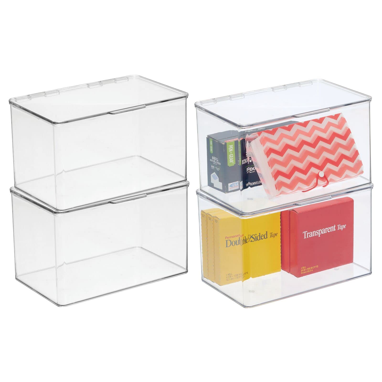 mDesign 4er-Set Büro Organizer – praktische Kiste mit Deckel für Notizzettel, Textmarker & Co. – stapelbare Aufbewahrungsbox aus Kunststoff für den Bürobedarf – durchsichtig