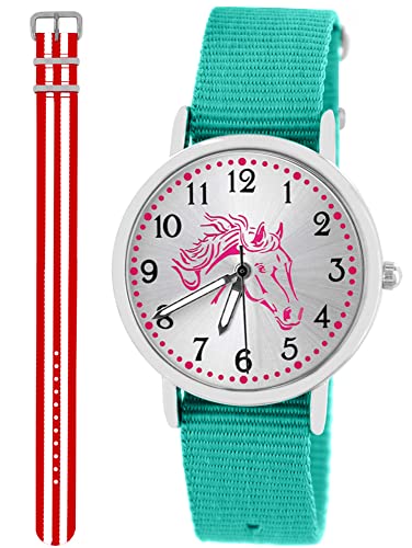 Pacific Time Kinder Armbanduhr Mädchen Junge Pferd Kinderuhr Set 2 Textil Armband türkis + rot Weiss analog Quarz 10587