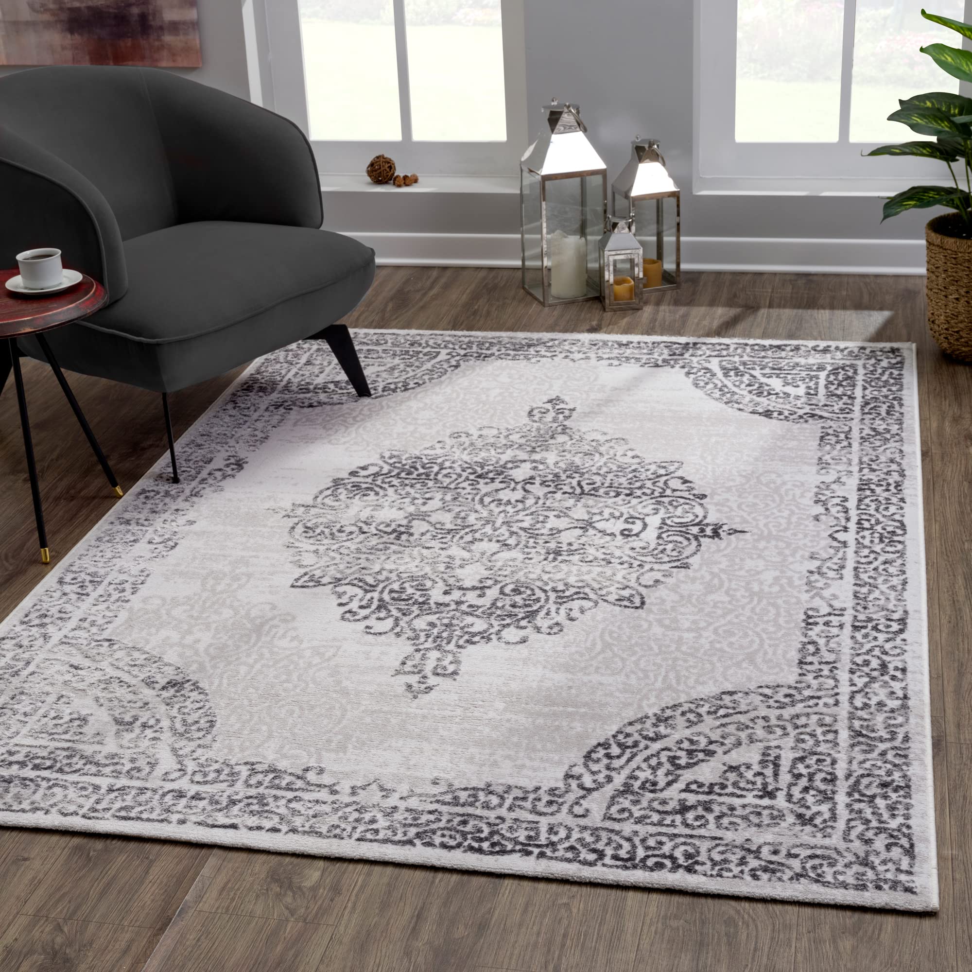 SANAT Evra Teppich für das Wohnzimmer - Kurzflorteppich mit traditionellem Design - geeignet für Wohnzimmer, Flure, Korridore, Esszimmer, Schlafzimmer und Küche - Hellgrau, 80 x 150 cm