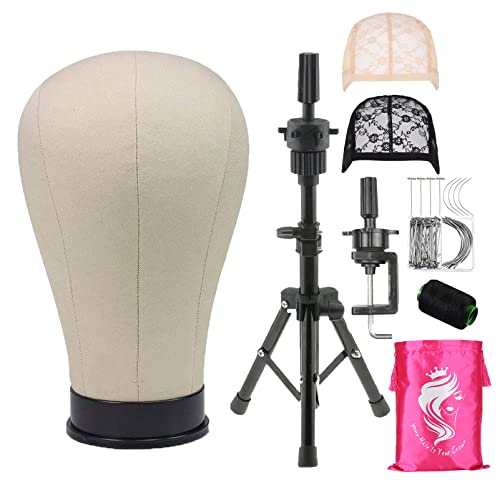 Yundxi Segeltuch Perückenkopf Modellkopf Mannequin Kopf mit Mini Verstellbarer Stativ, 50 T-Pins, 20 C-Nadeln, 1 Spitze-Perückenkappe und 1 Rollenfaden (21inch, Beige)