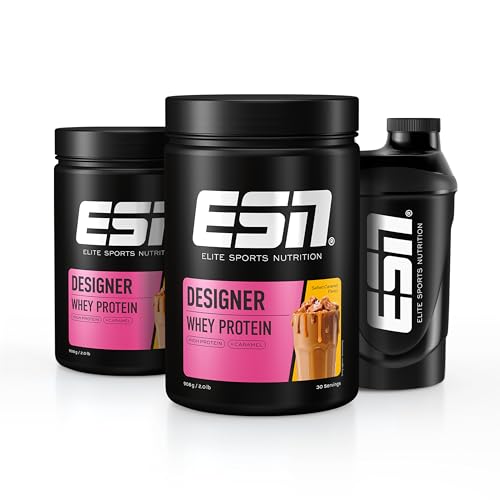 ESN Designer Whey Protein Pulver, Salted Caramel, 2 x 908g Dose + Gratis Shaker