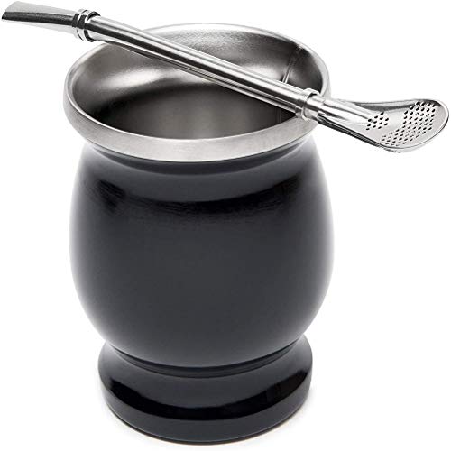 Yerba Mate Tee Cup Set Stainless Steel Straw Double Wall Insulated Dishwasher Safe and Durable Kumpel Gourd Edelstahl Tasse Isolierung Cup(Schwarz)