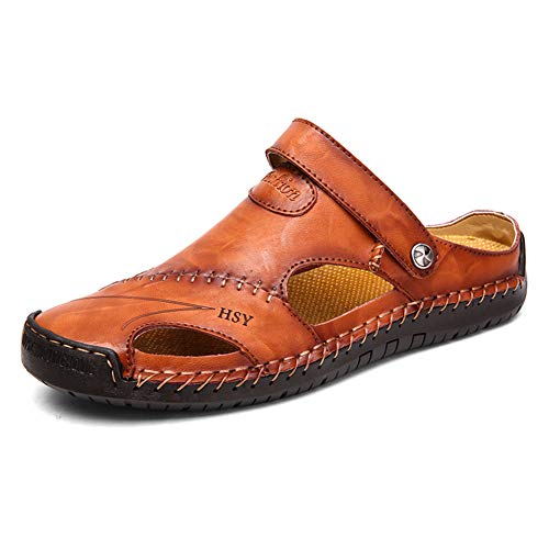 Rojeam Lässige Ledersandalen für Herren Geschlossene Zehe Strand Pantoffeln Flache Schuhe Sommer Sandalen für Wandern Trekking