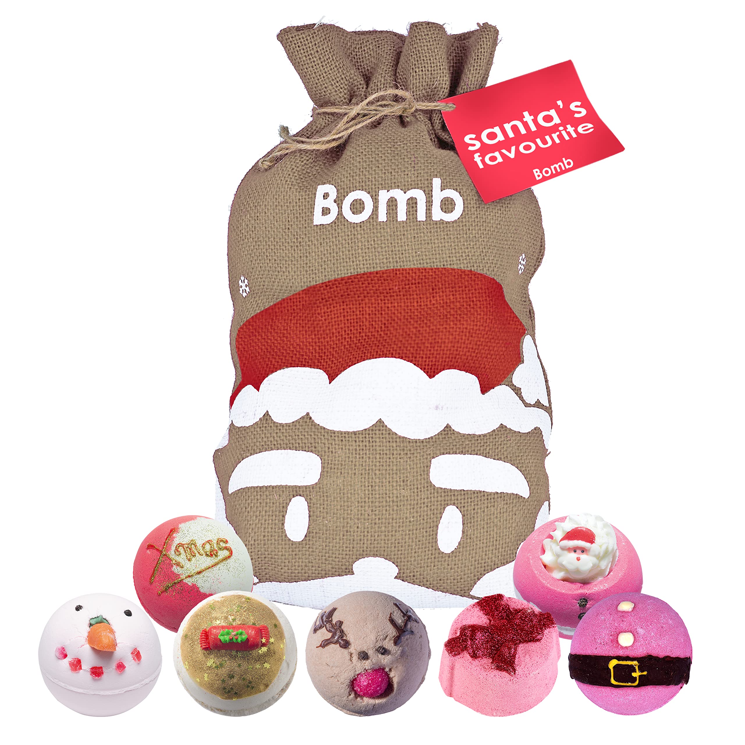 Bomb Cosmetics Santa's Favourite handgefertigter Sackleinen-Bade-Blaster, Geschenkpackung, enthält 7 Stück, je 160 g, Rot